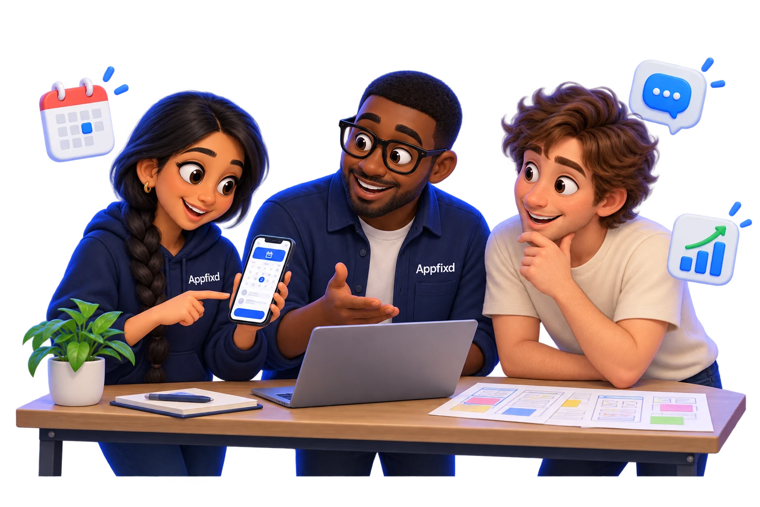 Three Appfixd collaborators planning an app with a laptop, phone and app feature icons