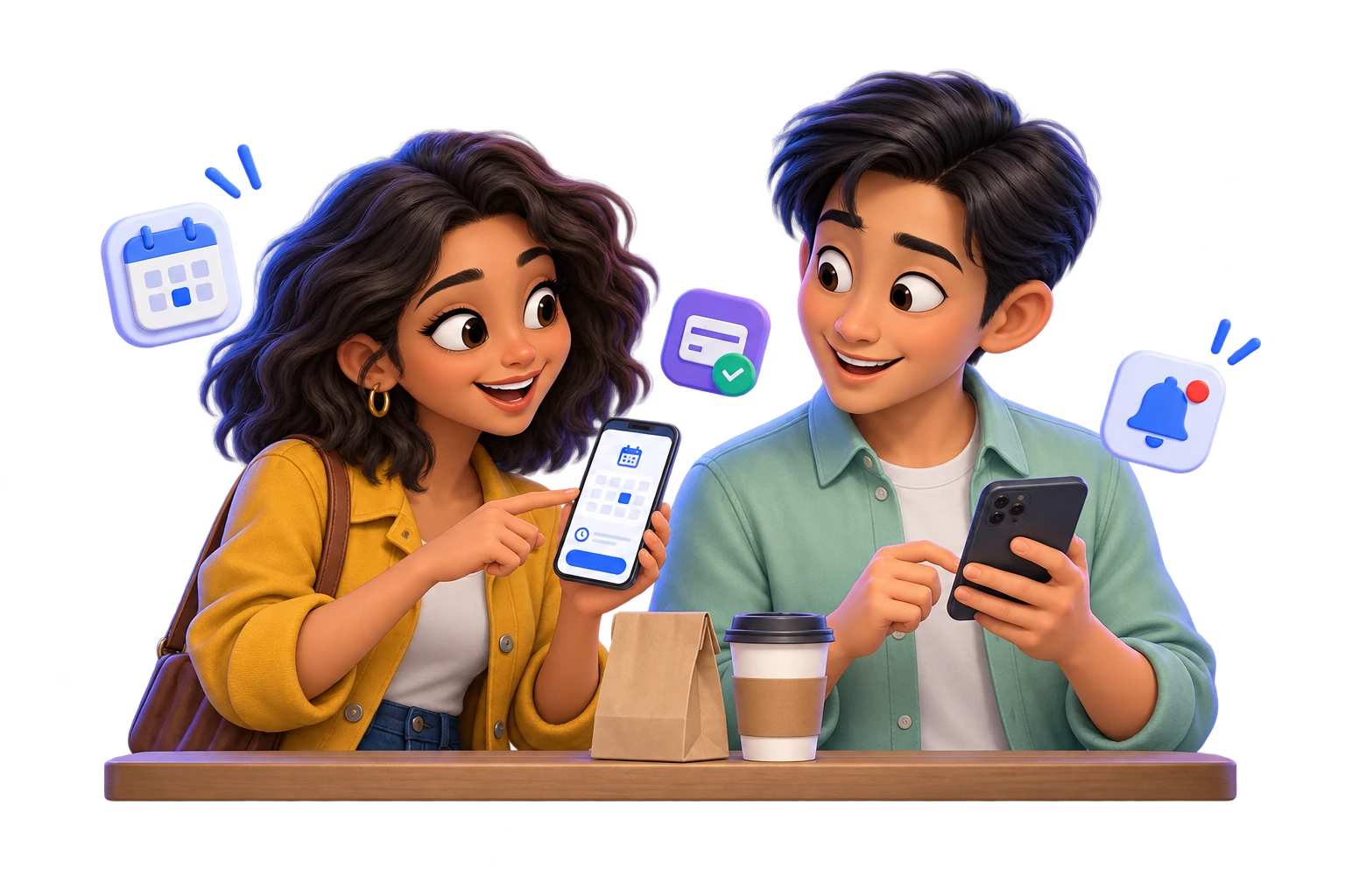 Two customers using a mobile booking and payment app at a cafe pickup counter