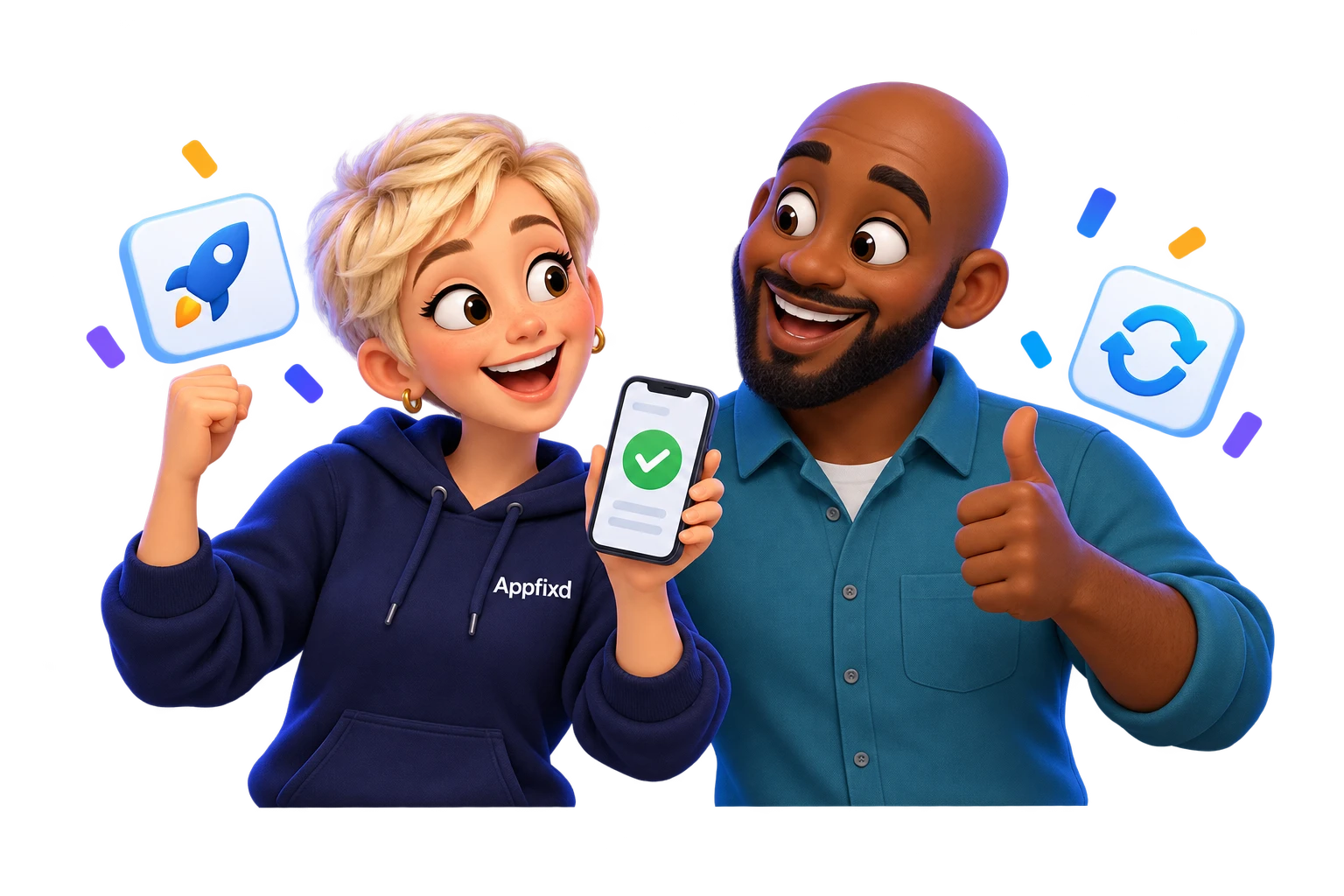 An Appfixd designer and customer celebrating a successful app launch with a phone