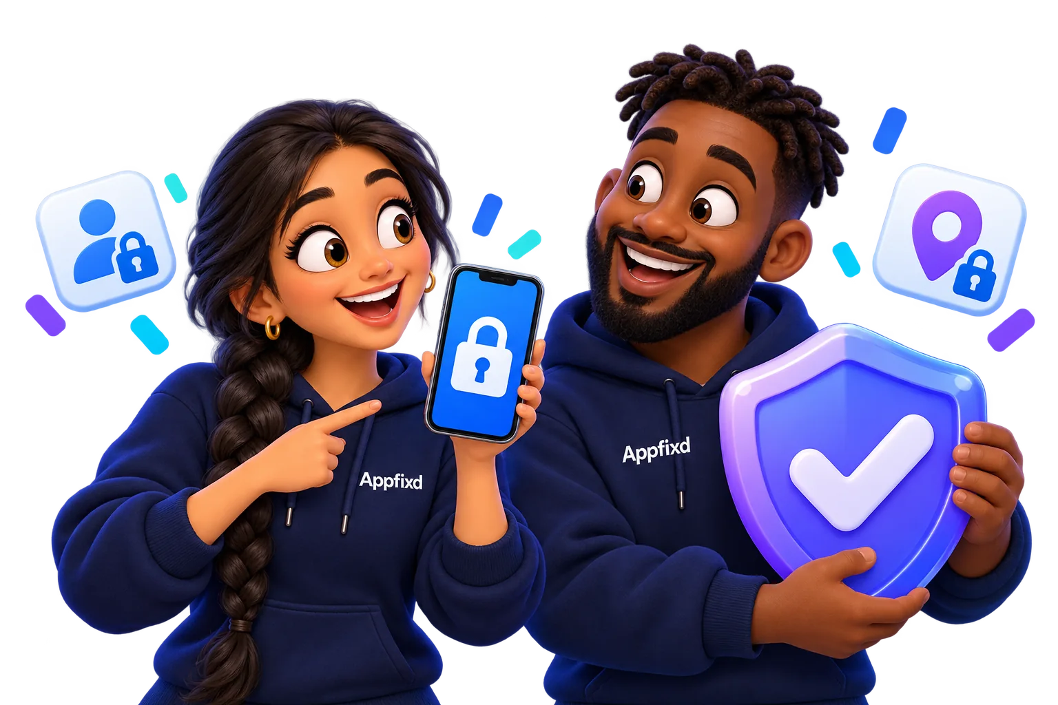 Appfixd characters helping protect information with secure devices and privacy icons