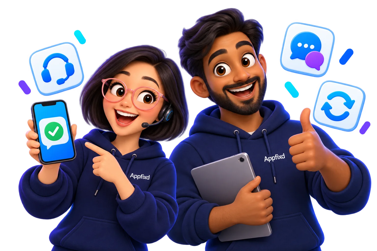 Appfixd support characters with headsets, chat icons and resolved requests