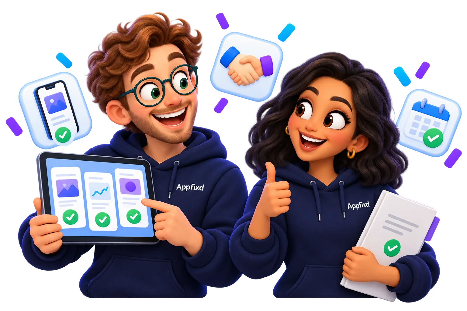 Appfixd characters checking an agreement and project plans
