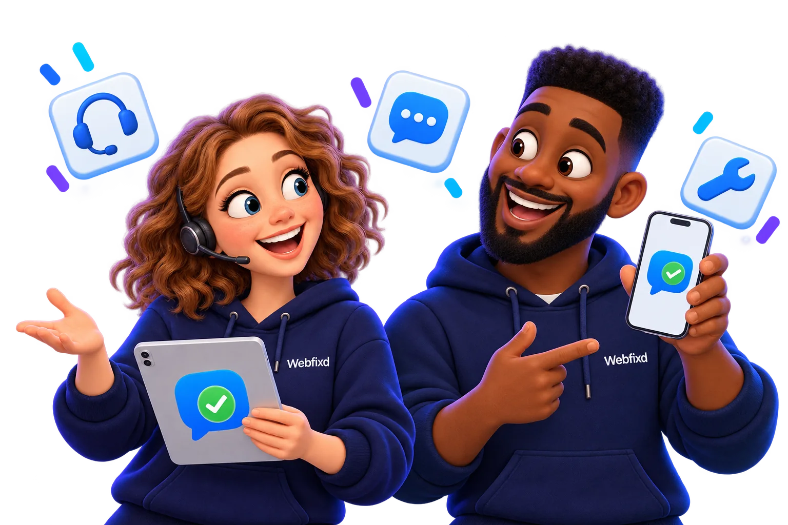 Webfixd support characters with headsets, chat icons and resolved requests