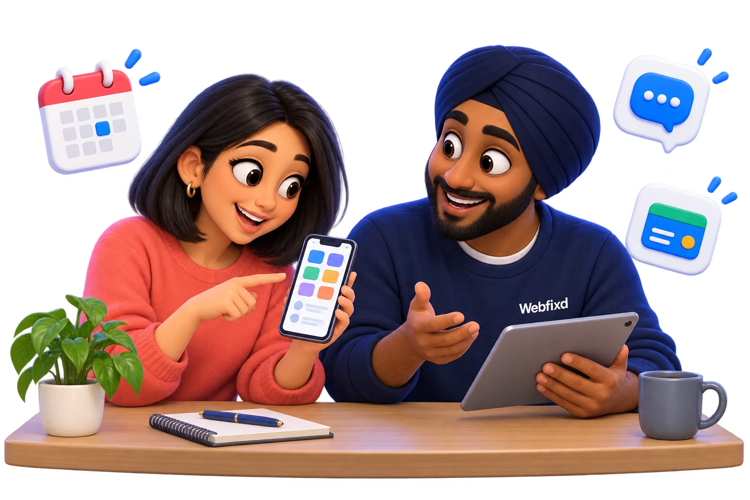 App developers testing mobile apps with phones, a tablet and app icons.