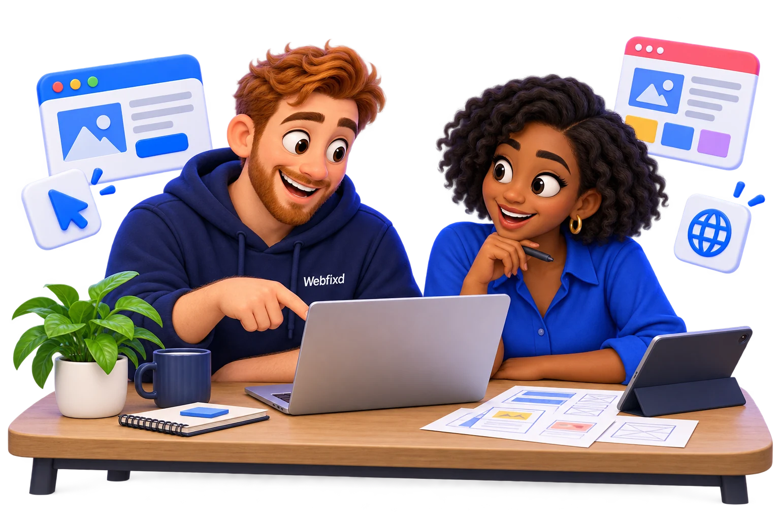 Two Webfixd designers planning a website on a laptop and tablet.