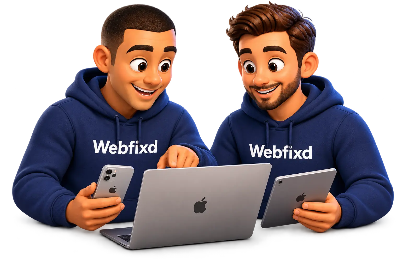 Stylised 3D characters of Nick and AJ working together at Webfixd