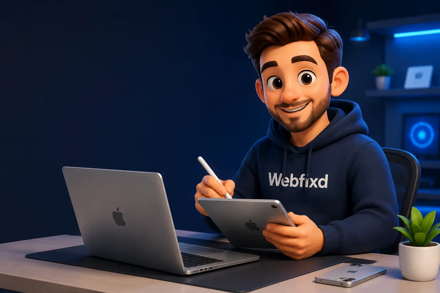 Stylised 3D Webfixd founder using a MacBook, iPad and iPhone